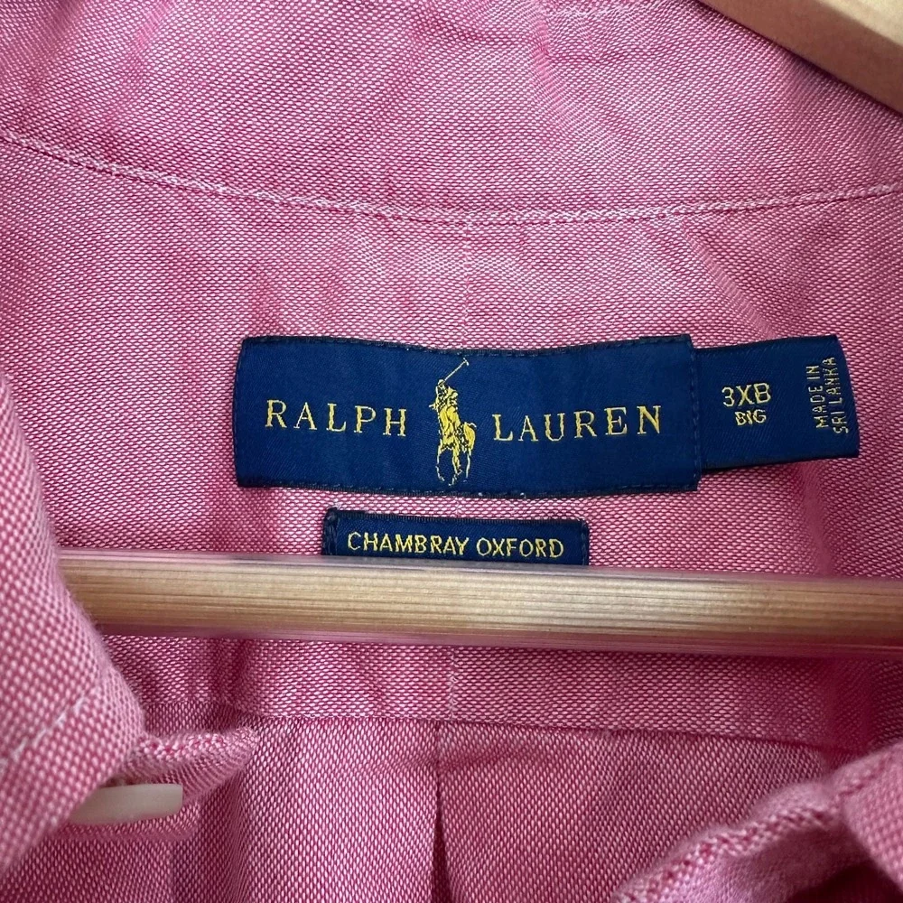 Ralph Lauren Chambray Oxford Shirt Pink Logo Short Sleeve Button Down Mens 3XB